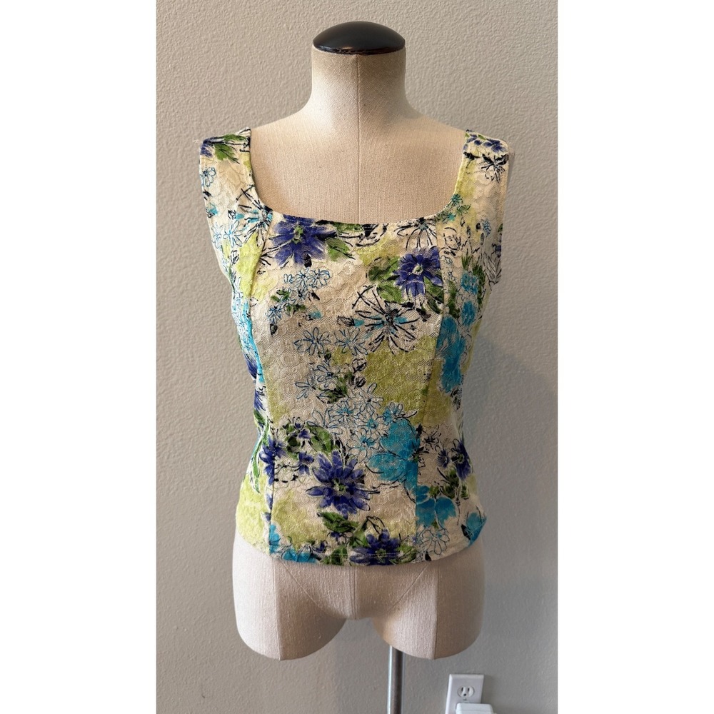 Nicola Women's Medium Floral Lace Tank Top Blue Green Ivory Square Neck USA